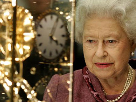 Dent present Queen with Great Wheel Skeleton clock